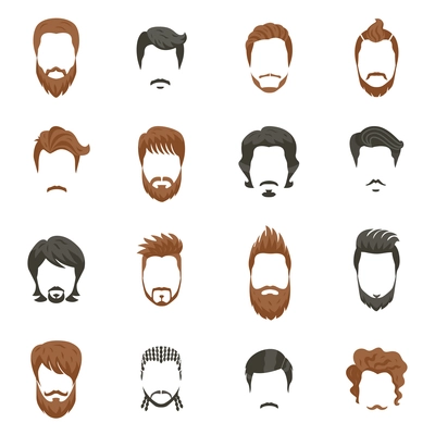 Men hairstyle icons set with beard and moustache flat isolated vector illustration