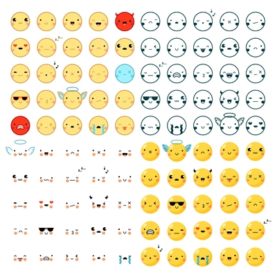 Flat design big set of one hundred funny colorful and black emoticons in different styles isolated on white background vector illustration