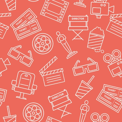 White line cinema icons on red background decorative pattern with tickets popcorn flat vector illustration