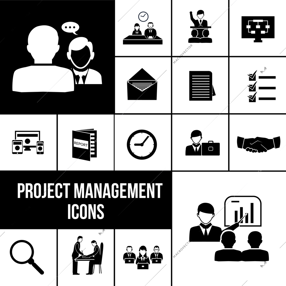 Project management icons black set with business analysis and teamwork symbols isolated vector illustration