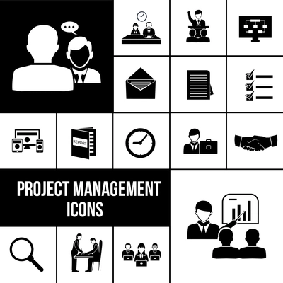 Project management icons black set with business analysis and teamwork symbols isolated vector illustration