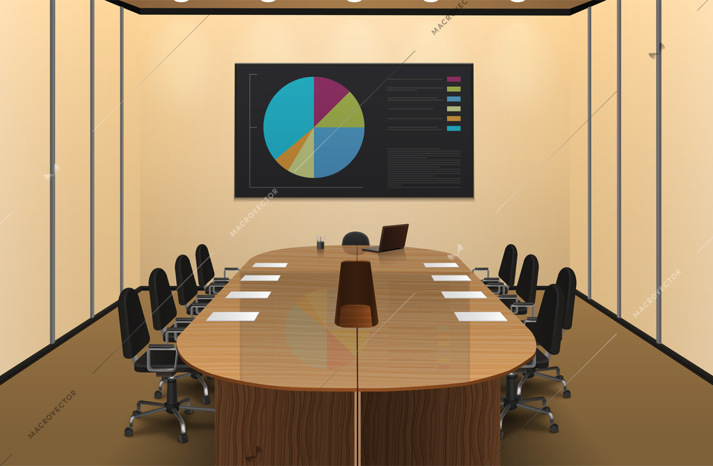 Conference room interior realistic design with chart on the screen vector illustration