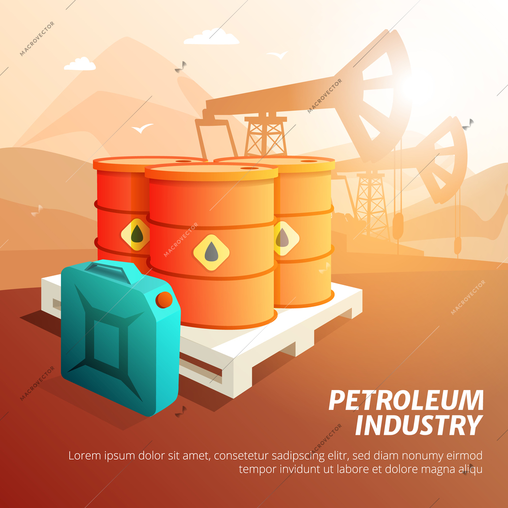 Petroleum industry facilities composition isometric poster with oil storage tanks canisters and containers background vector illustration
