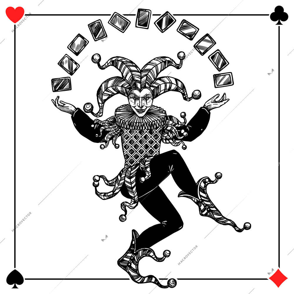 Joker card background with spades hearts diamonds and clubs flat vector illustration