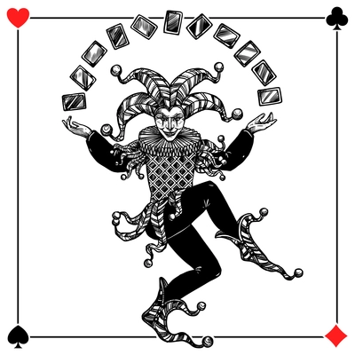 Joker card background with spades hearts diamonds and clubs flat vector illustration