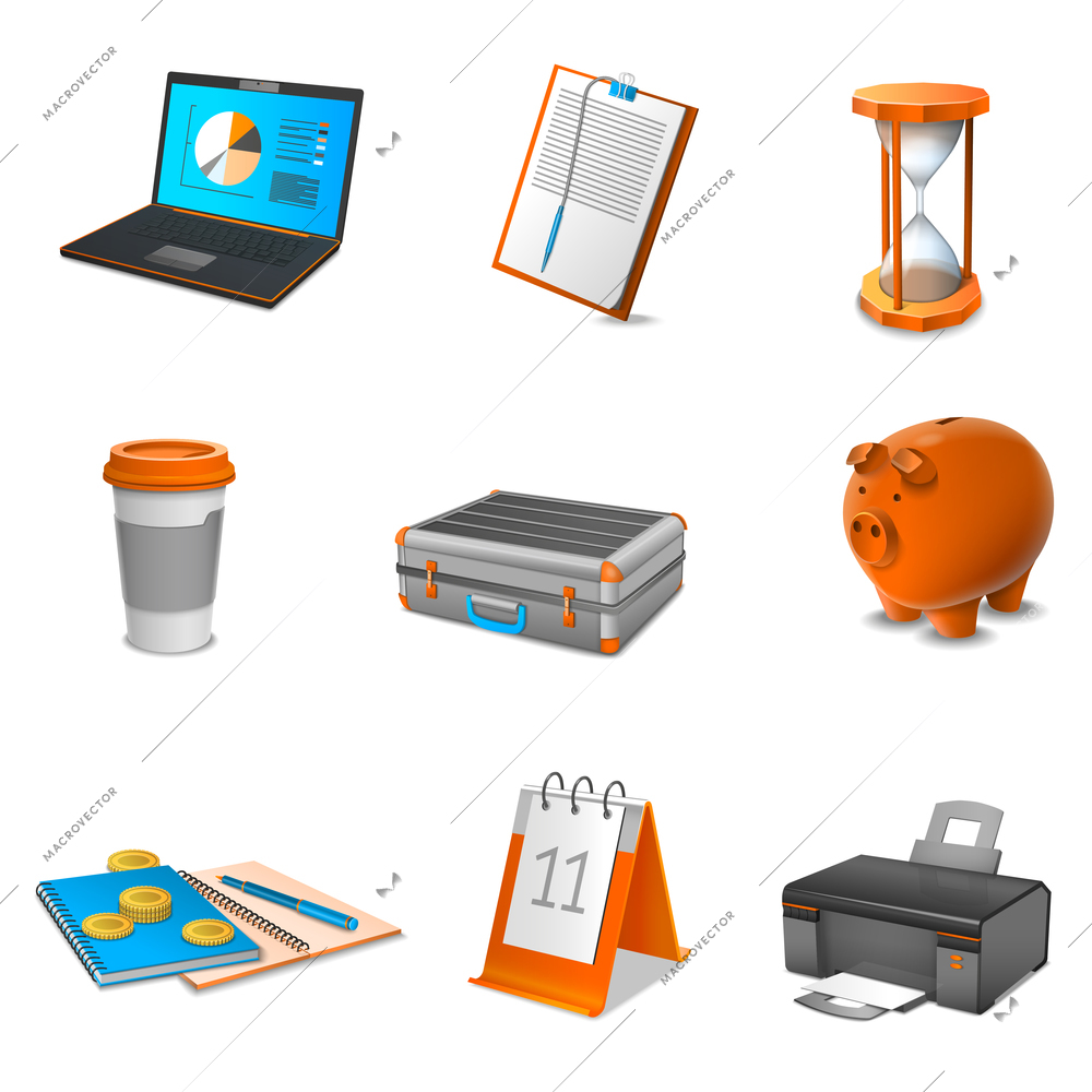 Business realistic icons set with calendar laptop and coffee isolated vector illustration