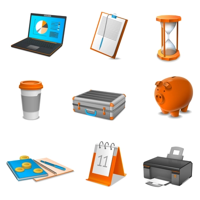 Business realistic icons set with calendar laptop and coffee isolated vector illustration