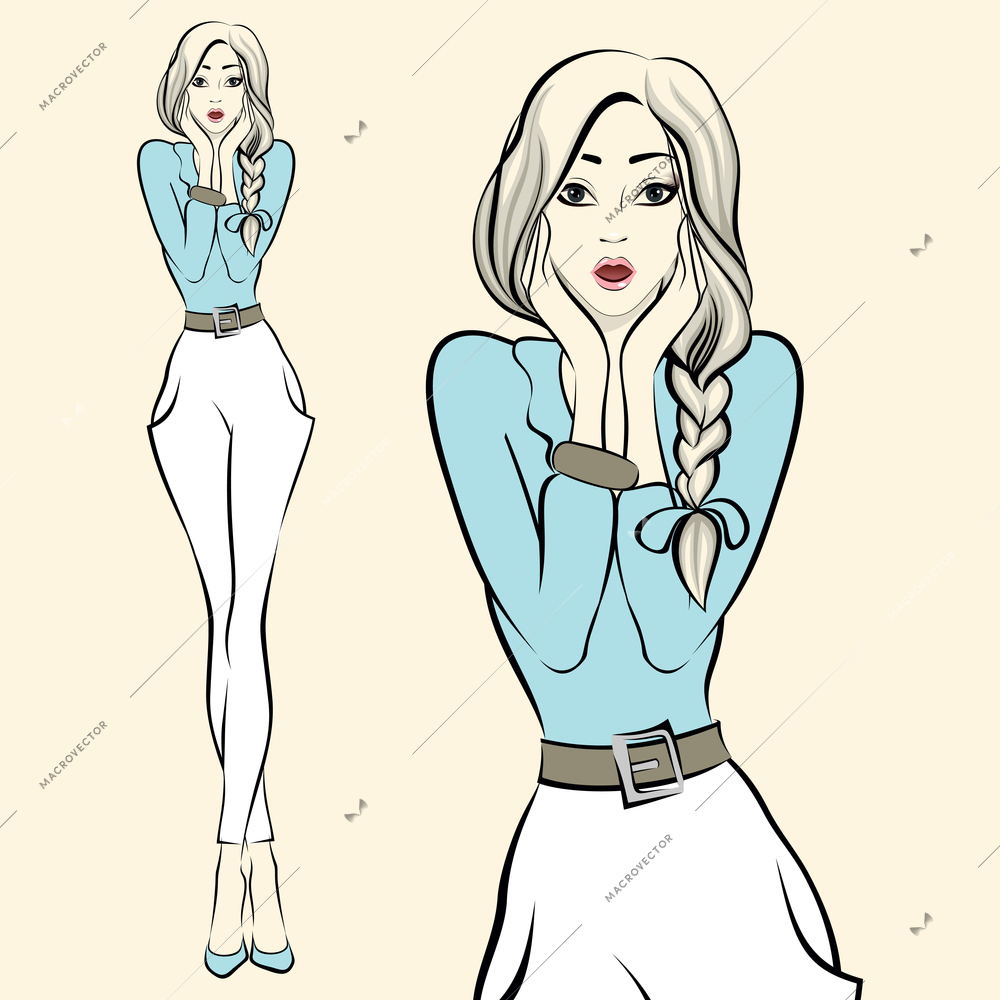 Sexy beautiful young woman showing emotions of surprise vector illustration