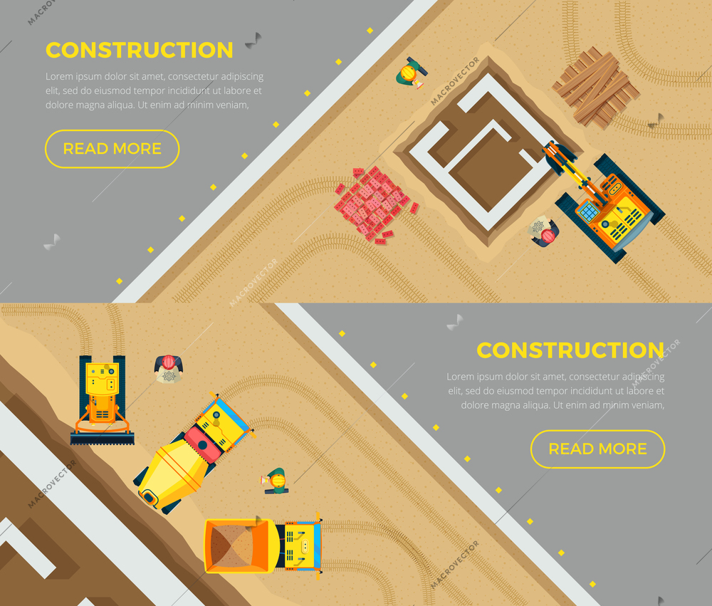 Construction horizontal banners set top view with machines flat isolated vector illustration