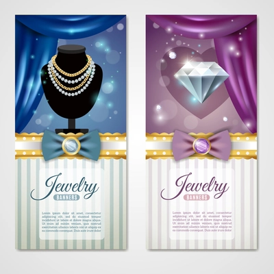 Jewelry card realistic vertical banners set with bow tie and curtains isolated vector illustration