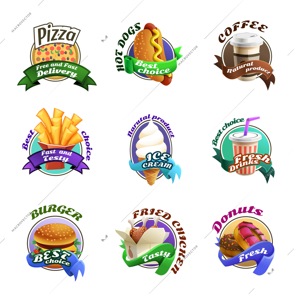 Fast food restaurants colorful cartoon style emblems stickers set with cheeseburger donuts and cola vector isolated illustration