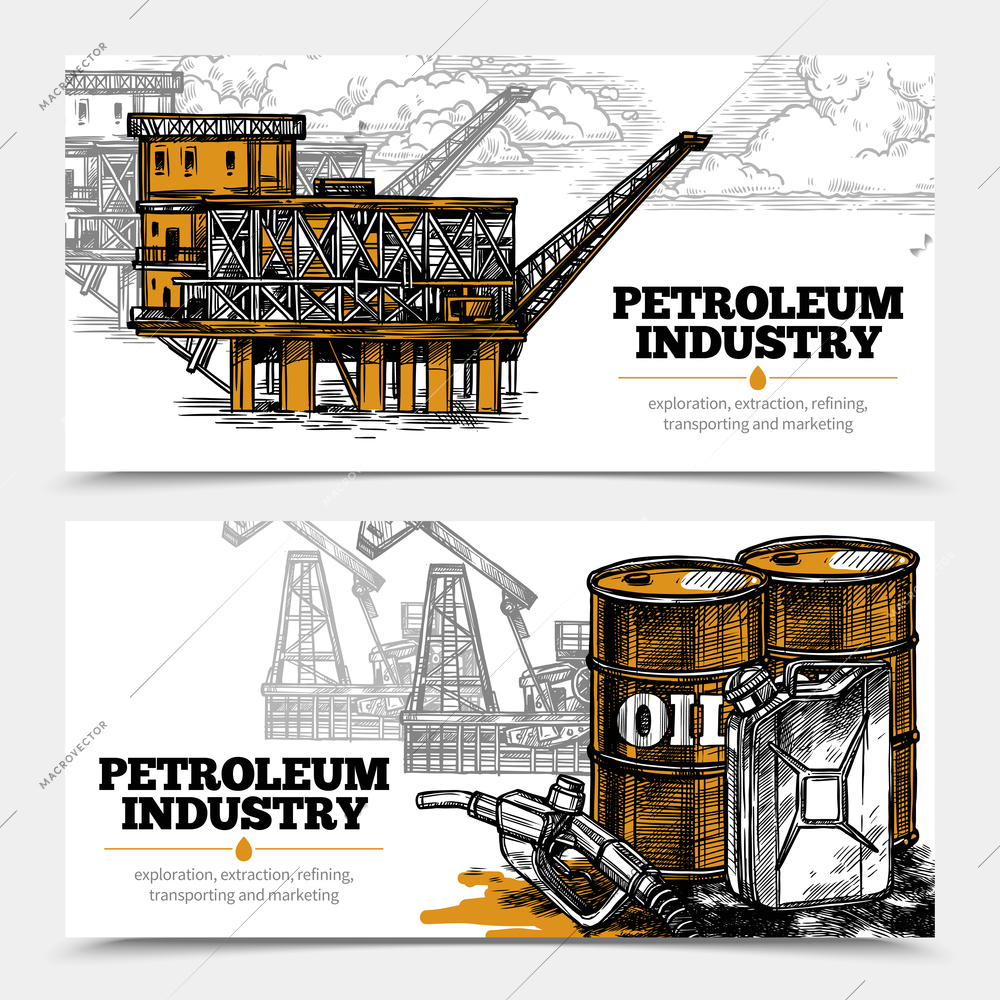 Petroleum industry hand drawn horizontal banners with tanks and filling gun icons and oil derricks and arctic oil platform vector illustration