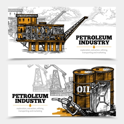 Petroleum industry hand drawn horizontal banners with tanks and filling gun icons and oil derricks and arctic oil platform vector illustration