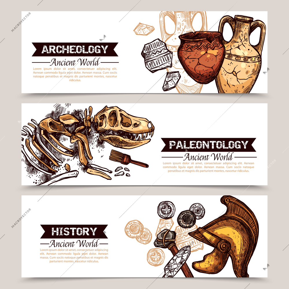 Archeology horizontal  banners with sketch colored images of ancient weapons crockery and animal skeleton and description archeology paleontology and history vector illustration