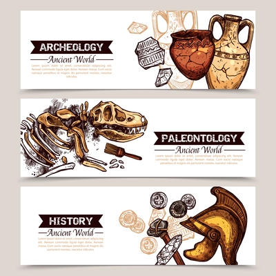 Archeology horizontal  banners with sketch colored images of ancient weapons crockery and animal skeleton and description archeology paleontology and history vector illustration
