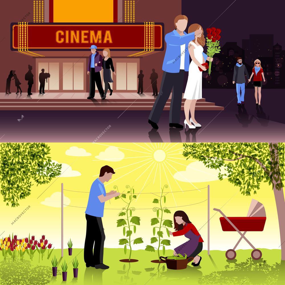 Happy couple having date at cinema and family working in garden flat compositions isolated vector illustration