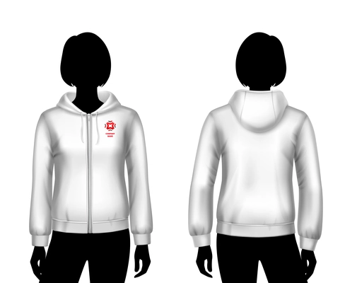 Female hooded sweatshirt white template on woman body front and back silhouettes isolated vector illustration