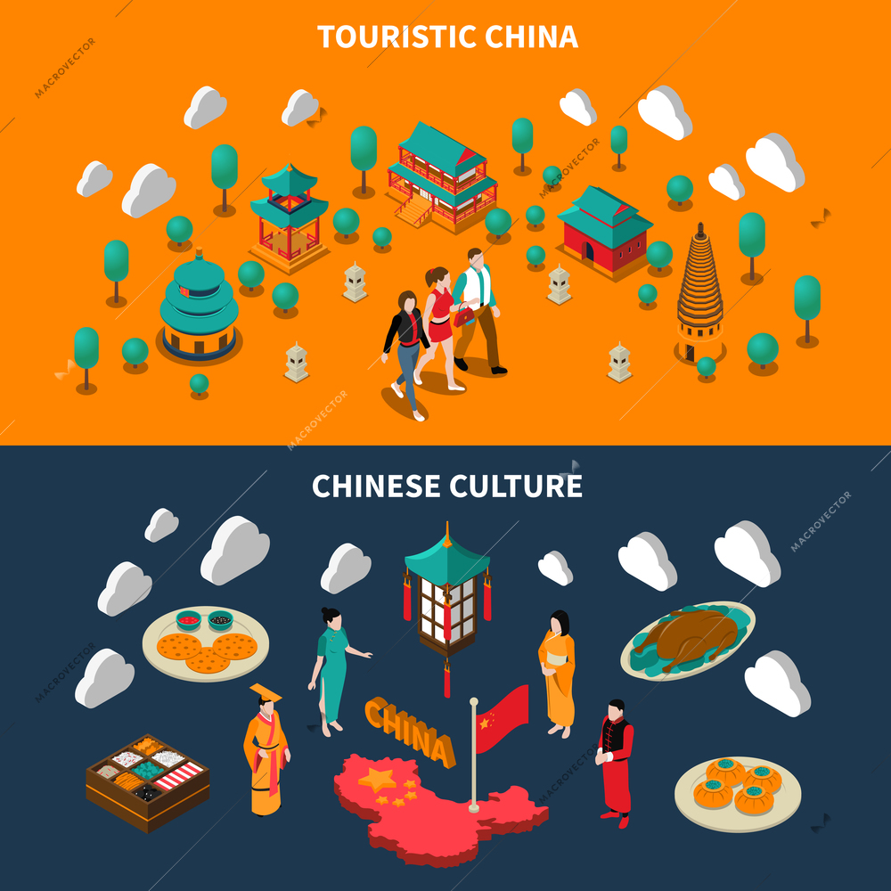 Horizontal colorful china touristic isometric banners with chinese culture elements on dark and orange backgrounds isolated vector illustration