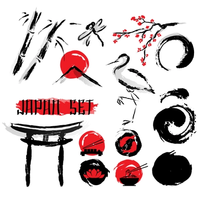 Japanese sumie ink wash black with red accent brush painting pictograms composition ancient abstract art vector illustration