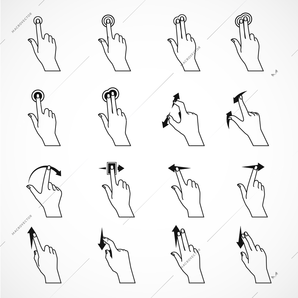 Set of sixteen isolated black line icons imaging hand gestures for working with smartphone tablet and pad vector illustration