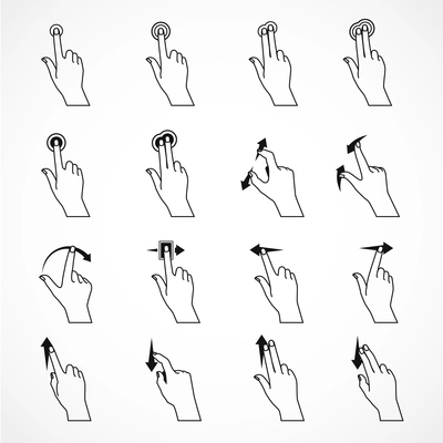 Set of sixteen isolated black line icons imaging hand gestures for working with smartphone tablet and pad vector illustration