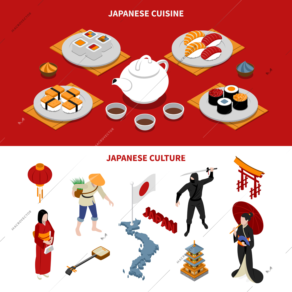 Horizontal japan touristic isometric banners with japanese national cuisine and various cultural elements on red and white backgrounds isometric isolated, vector, illustration