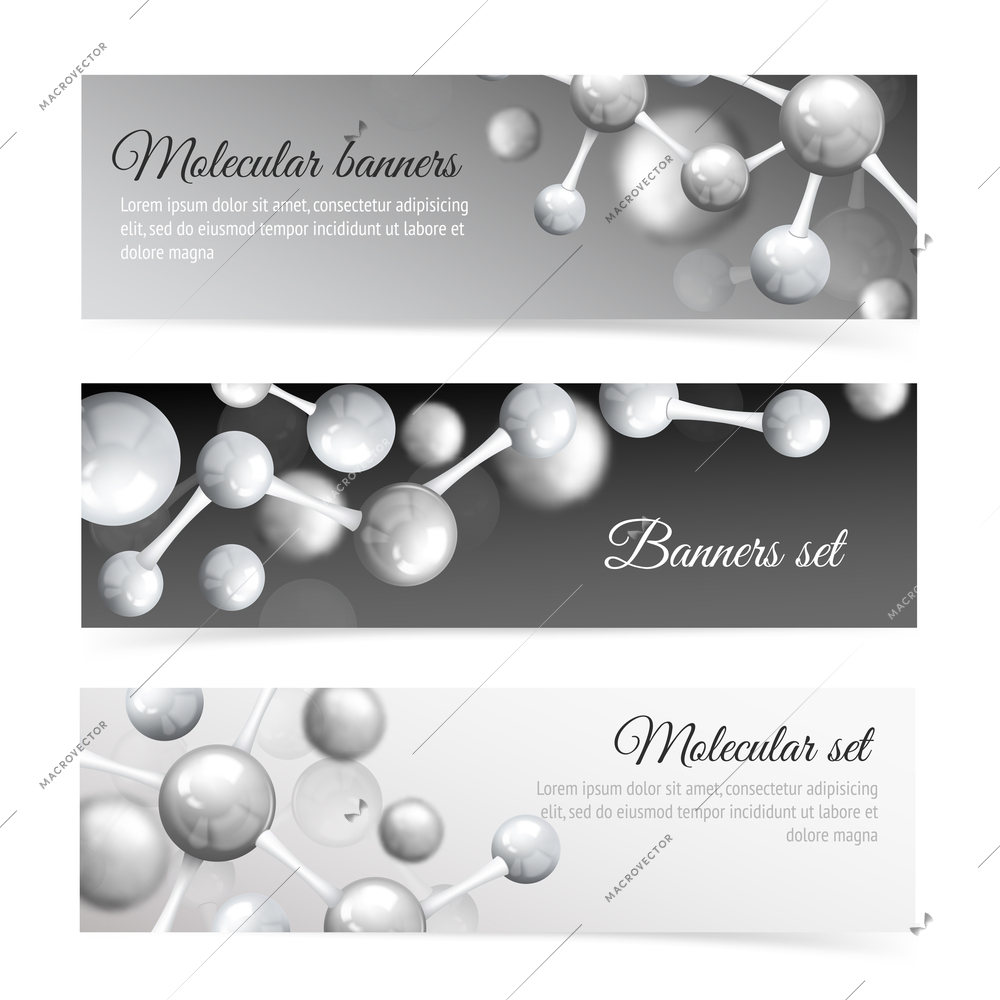 Black and white 3d physics abstract atomic structure molecule model banner set vector illustration