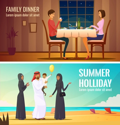 Eastern people design compositions with arab family in traditional costumes at south sea background and couple having dinner in restaurant flat vector illustration