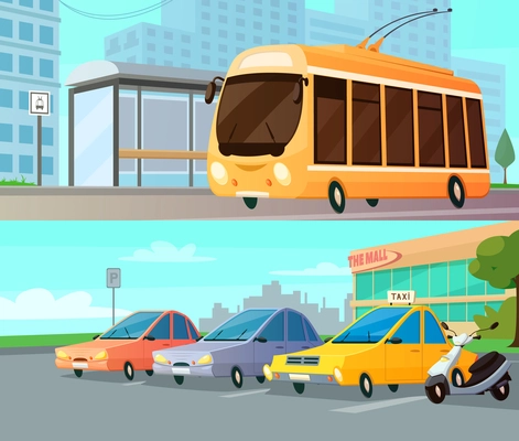 City transport cartoon compositions with trolley at street stop and mall parking with taxi cars and motorbike flat vector illustration