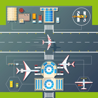 Aerial top view of airport runways landings strips buildings and facilities with planes and helicopter vector illustration