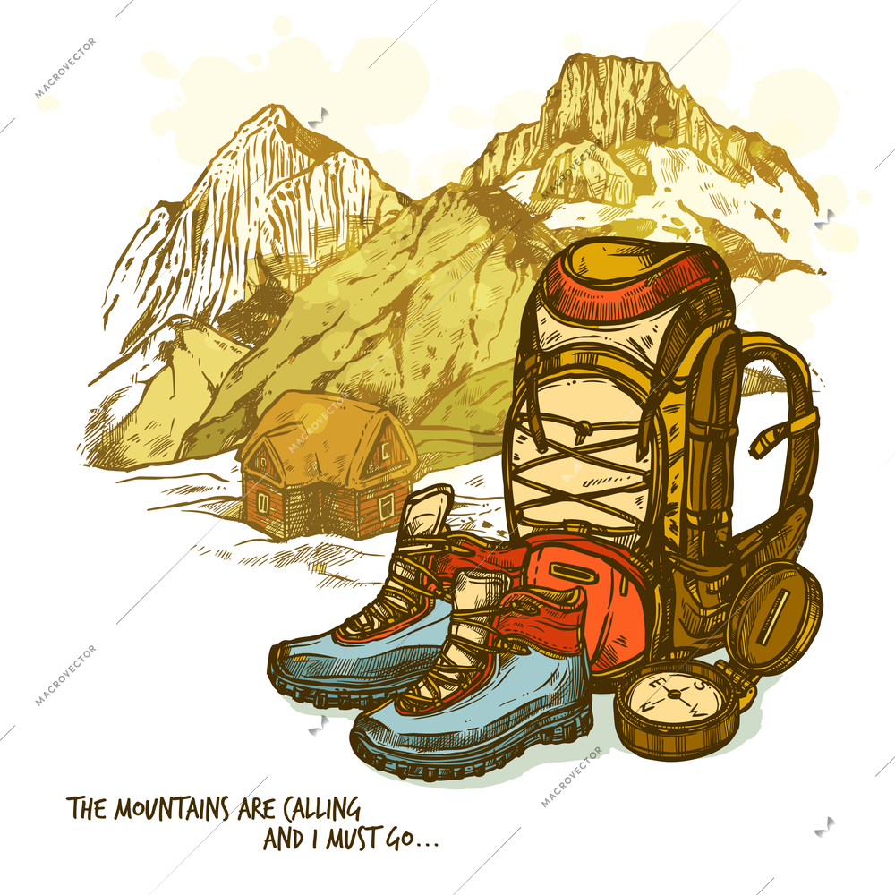 Trendy hand drawn hiking poster with boots compass and backpack on mountains landscape background vector illustration