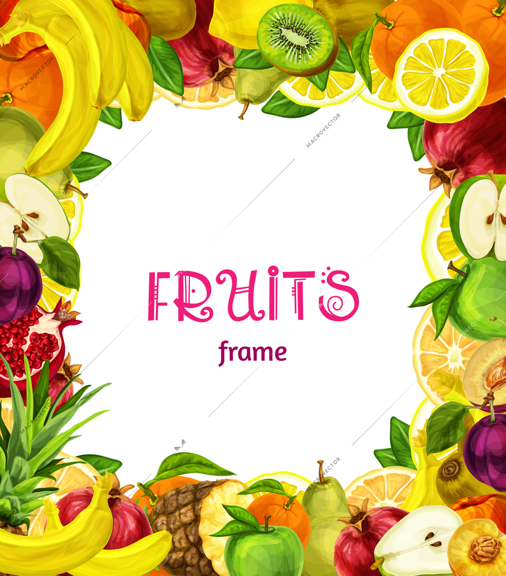 Natural exotic fruits collection frame with apple plum lemon peach kiwi vector illustration