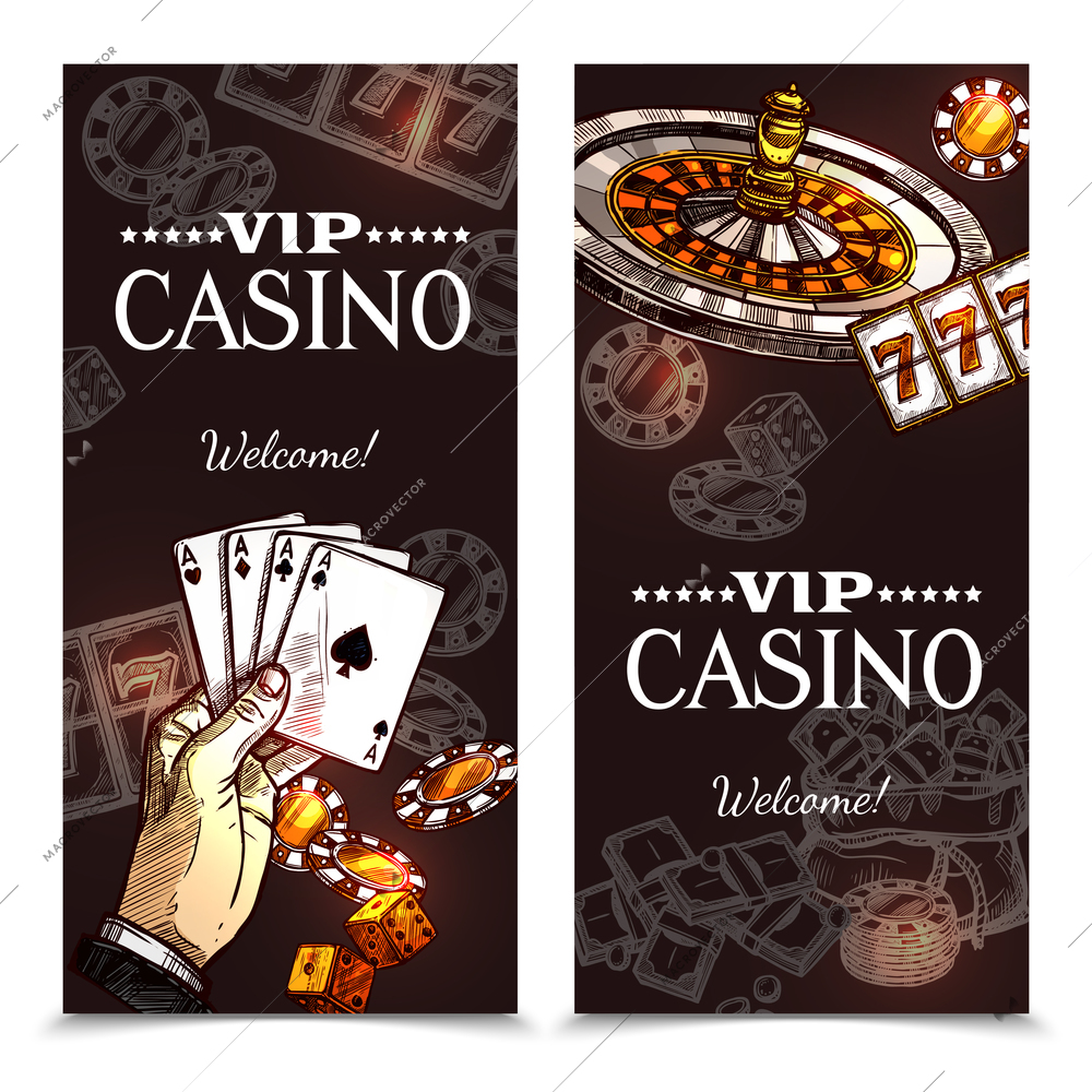 Vip casino color vertical banners with image of hand with playing cards roulette and chips in sketch style vector illustration