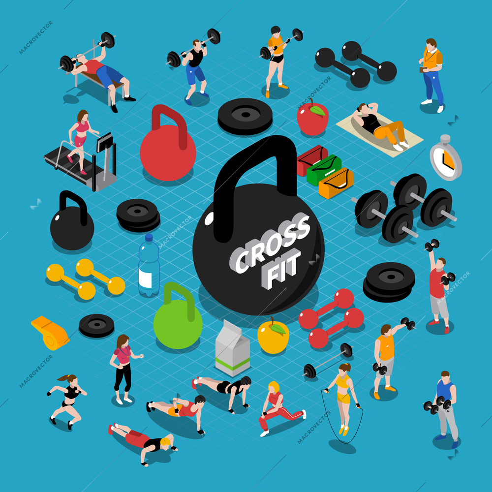 Gym and fitness isometric concept composition with training symbols isolated vector illustration