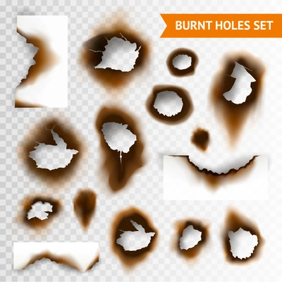 Set of scorched piece of paper and burnt holes on transparent background isolated vector illustration