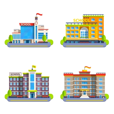 Modern and classical school buildings with flags on steeple and clock flat isolated elements for city construction vector illustration