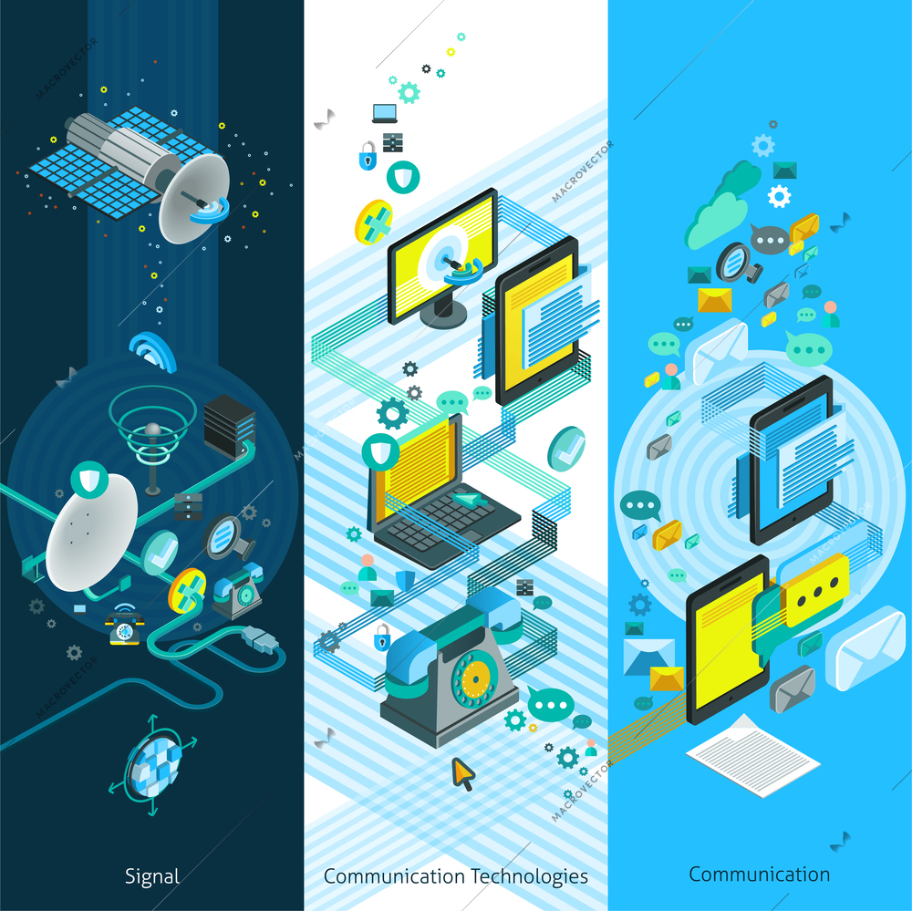 Telecommunication isometric vertical banners with global network elements modern communication equipment and cloud technology vector illustration