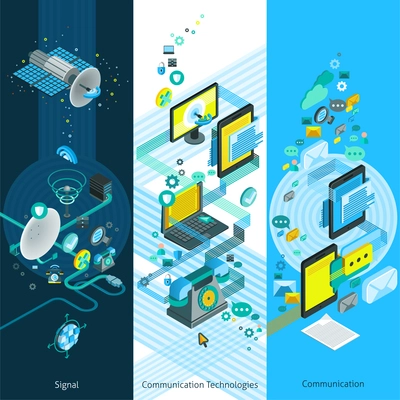 Telecommunication isometric vertical banners with global network elements modern communication equipment and cloud technology vector illustration