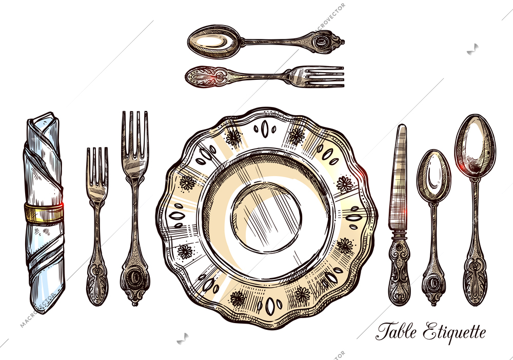 Table etiquette hand drawn vector illustration with vintage cutlery isolated icons set serving for one person