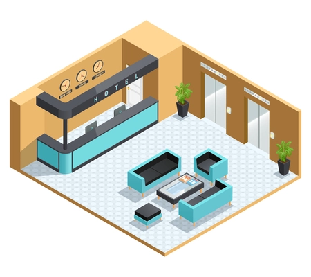 Color isometric illustration depicting hall interior vector illustration