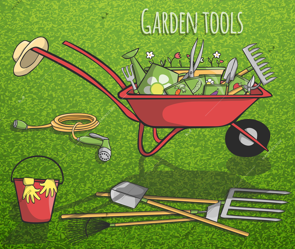 Garden tools and instruments collection concept poster with accessories in barrow on grass background vector illustration