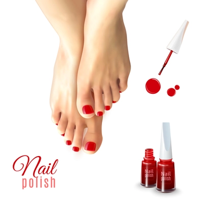 Pedicure red nail polish and female feet isolated on white background realistic vector illustration