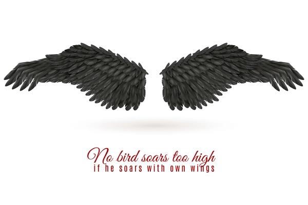 Pair of big dark bird wings on white background with shadow and quotation realistic vector illustration