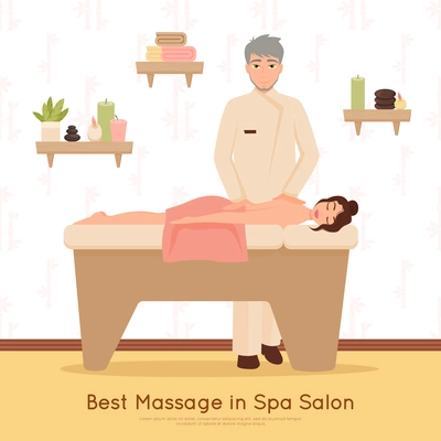 Woman getting best massage in beauty salon spa flat vector illustration