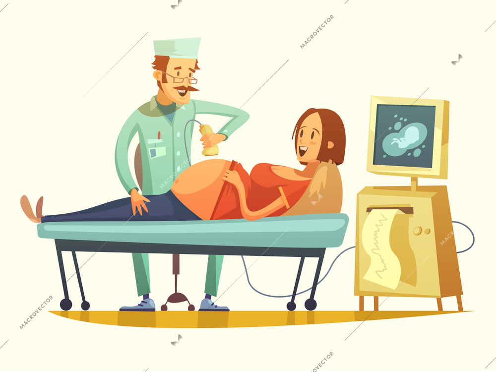 Late pregnancy ultrasound screening for birth weight prediction and fetal hart rate monitoring retro cartoon vector illustration