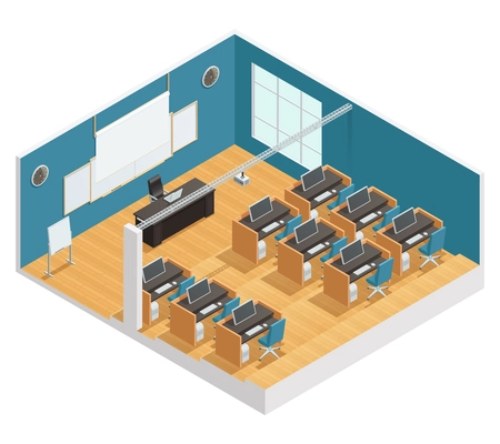 Interior poster of modern classroom with computers desks chalkboard and magnetic board projector and screen isometric vector illustration