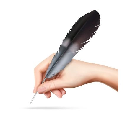 Big feather for writing in hand on white background realistic vector illustration