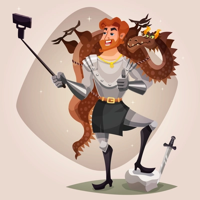 Color flat illustration depicting knight make selfie with dragon on his shoulders vector illustration