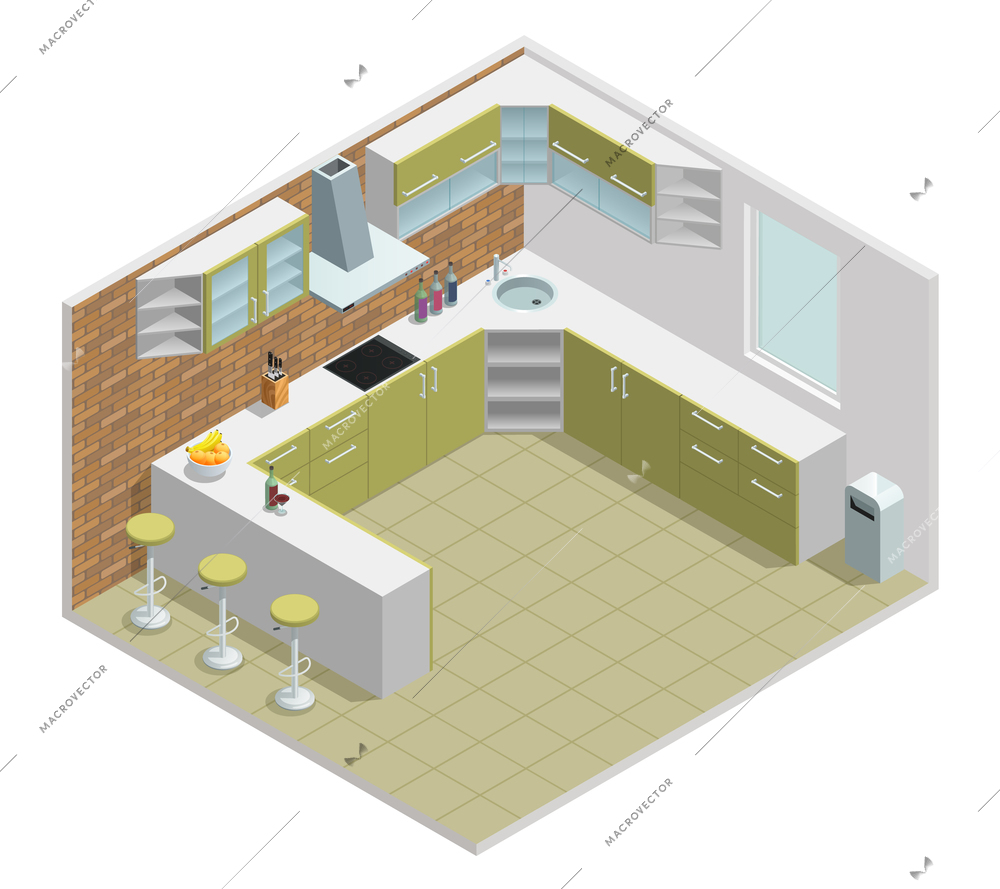 Color isometric design of kitchen with table cupboard vector illustration