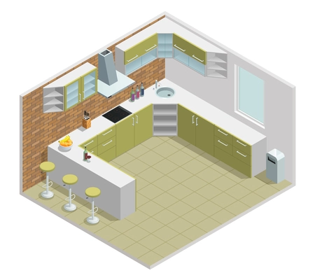 Color isometric design of kitchen with table cupboard vector illustration